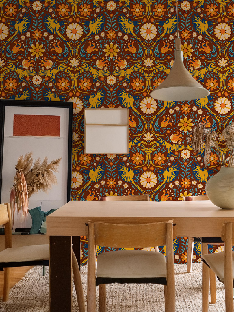 Folkie Birdie Wallpaper, rust, marigold and blue
