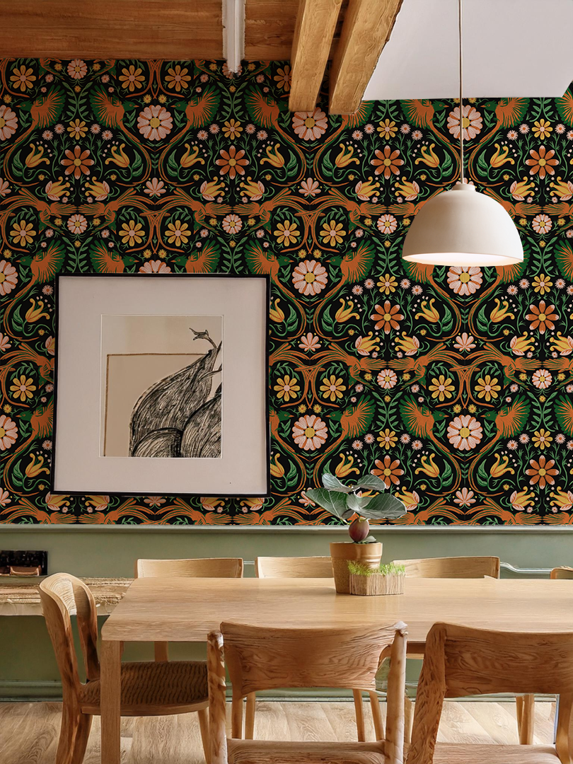 Folkie Birdie Wallpaper, black, orange and green