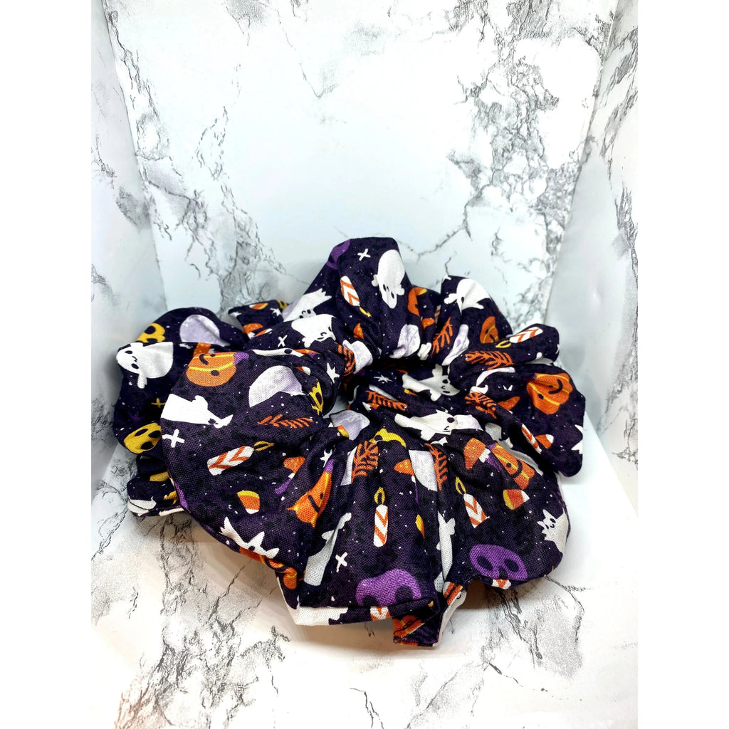 Purple Ghost and Pumpkin Halloween Scrunchie