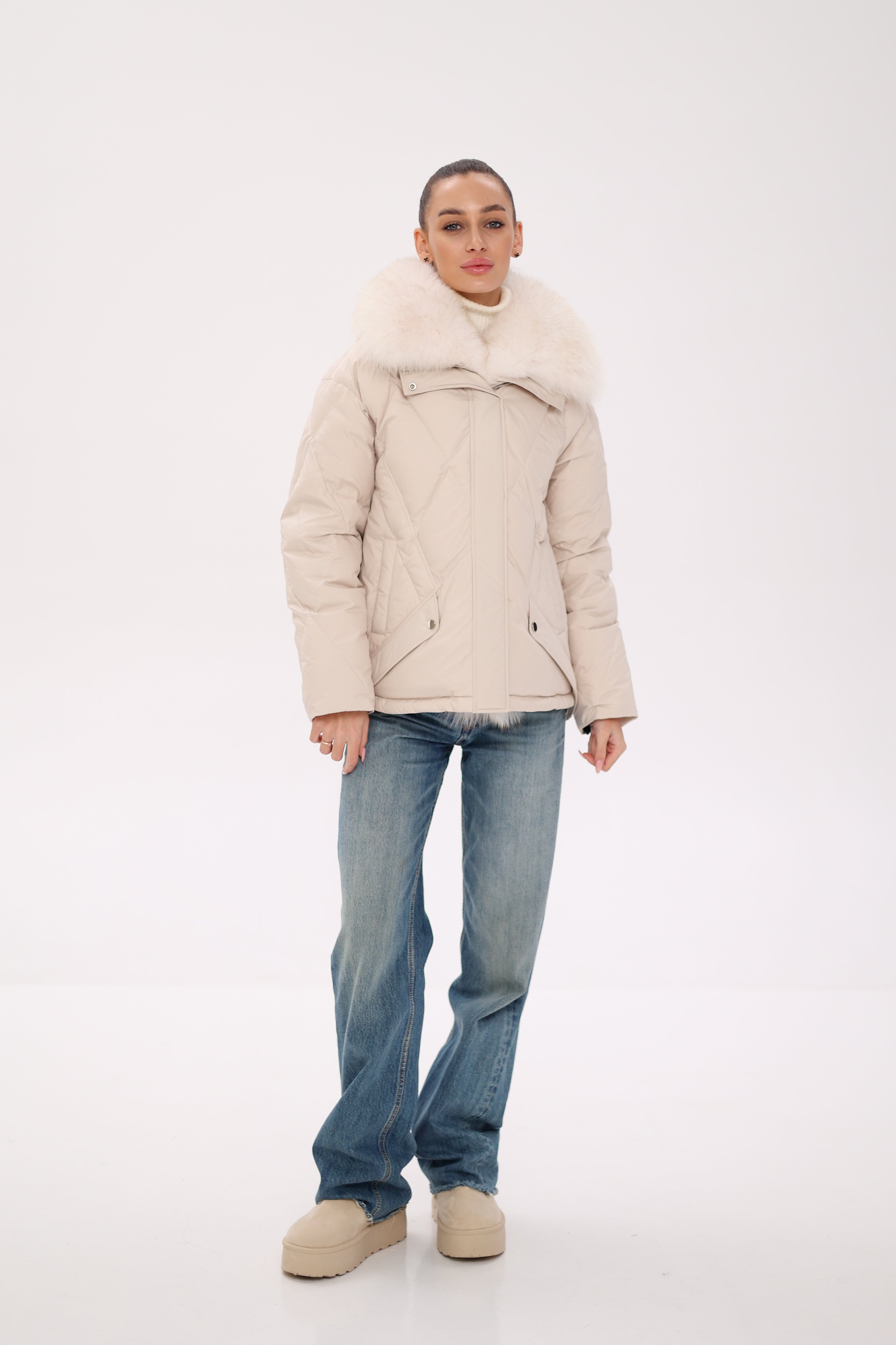 Genuine Polar Fox Fur Down Insulated Parka in Ivory