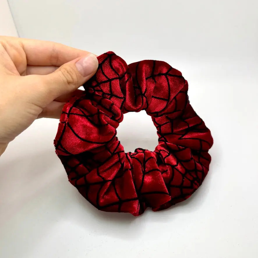 Mini Red Spiderweb Crushed Velvet Scrunchie