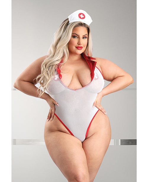 Check Collared Teddy w/Open Back, Pleated Skirt, Medic Hat & Pasties Red/White 1X/2X