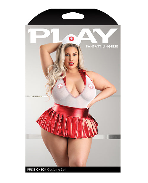 Check Collared Teddy w/Open Back, Pleated Skirt, Medic Hat & Pasties Red/White 1X/2X