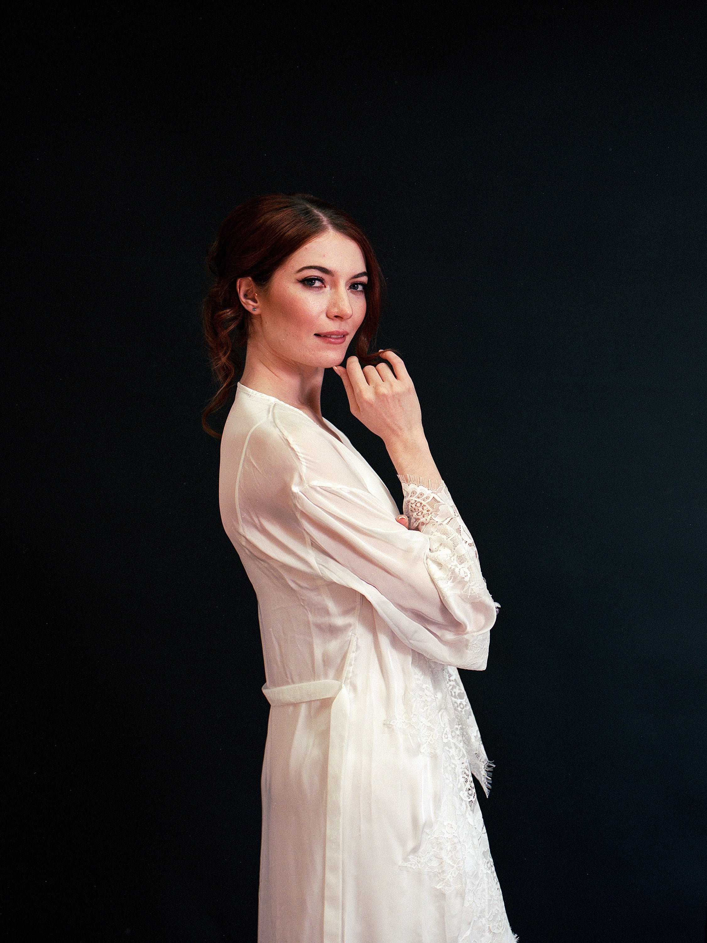 Silky Chiffon Trimmed Lace Long Lingerie Robe with Nightgown