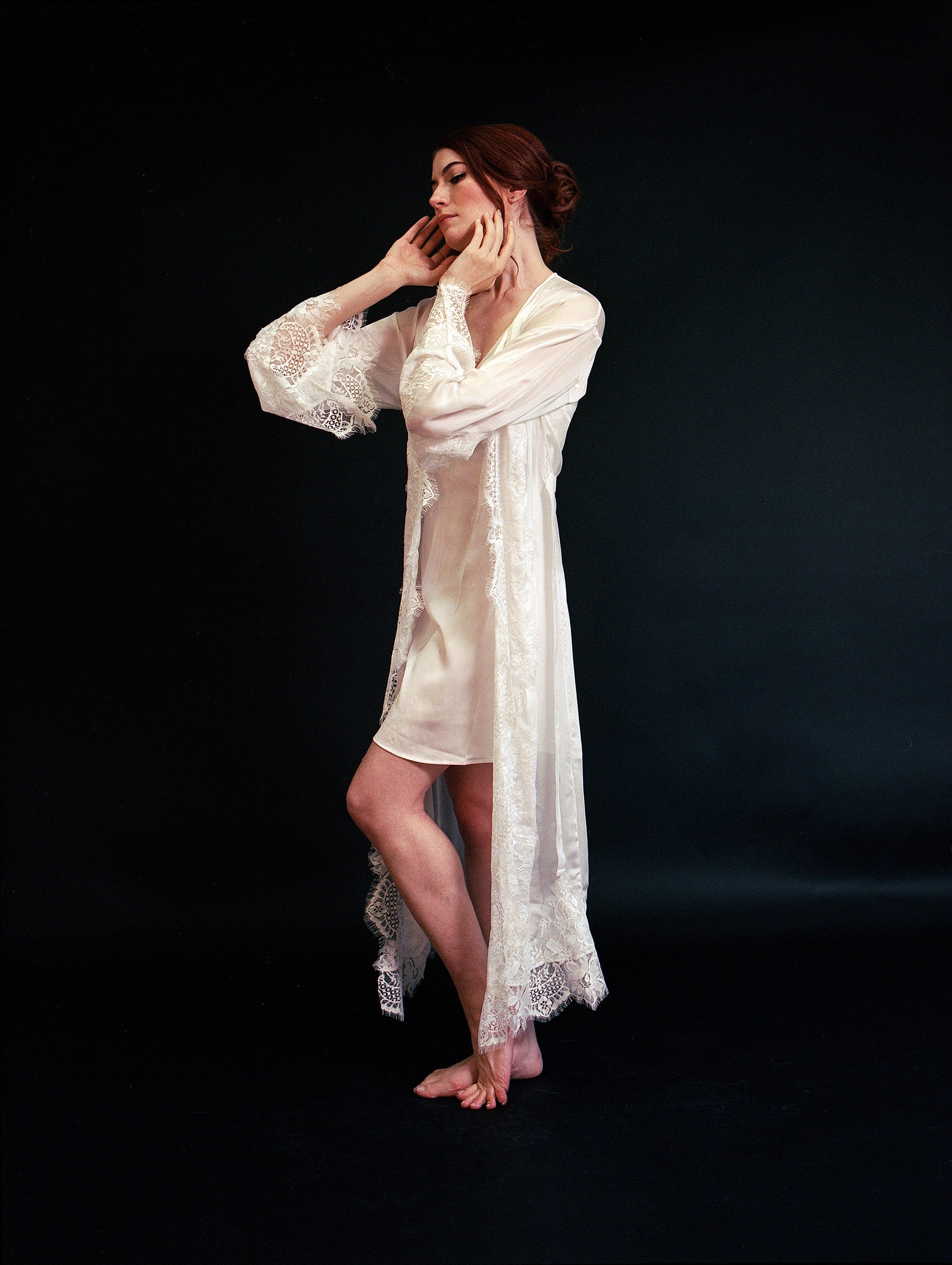 Silky Chiffon Trimmed Lace Long Lingerie Robe with Nightgown