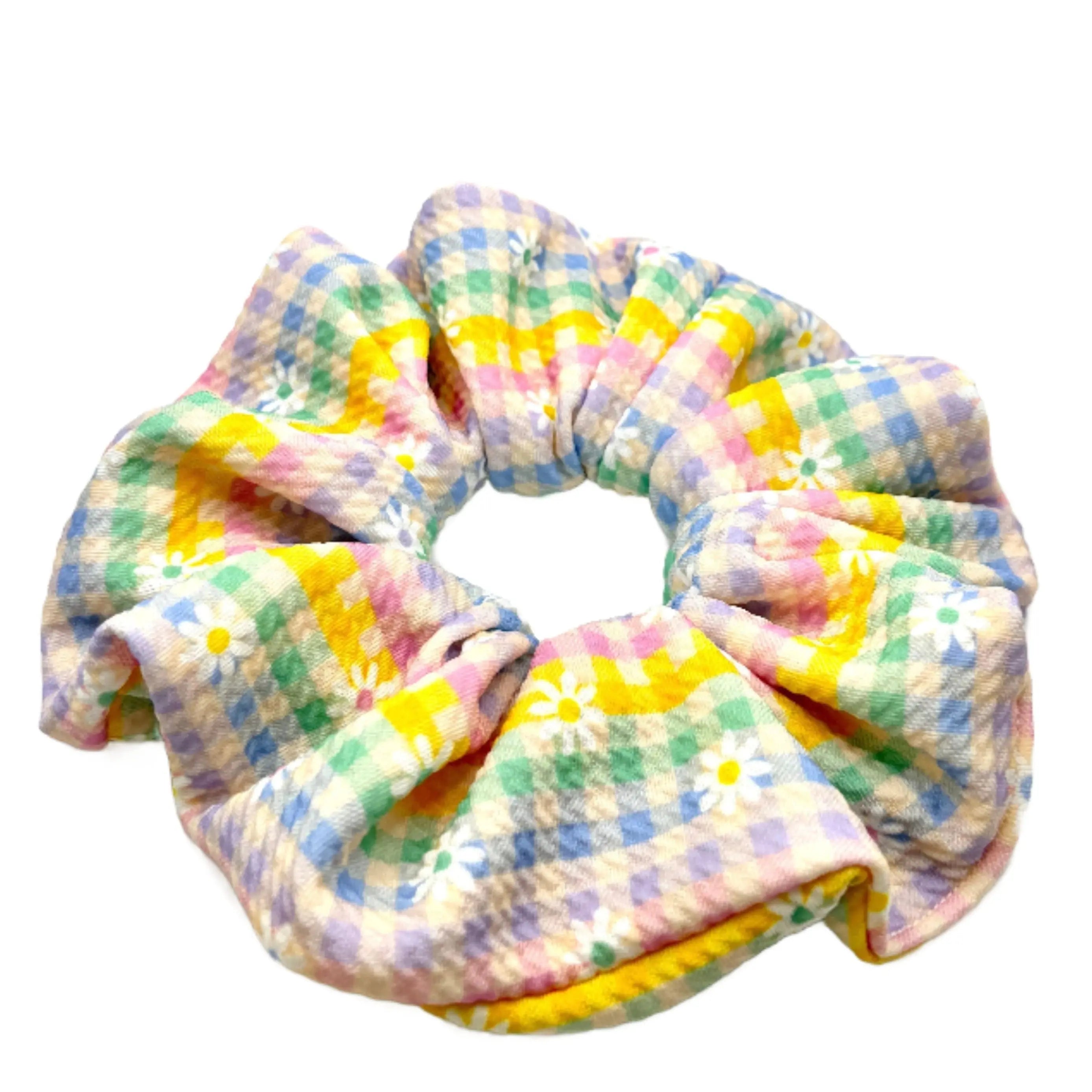Pastel Gingham Flowers Spring Bullet Scrunchie