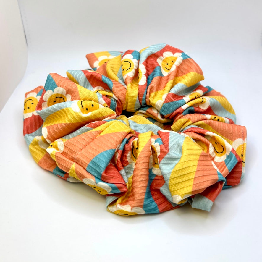 Smiley Daisy Boho Ribbed Scrunchie