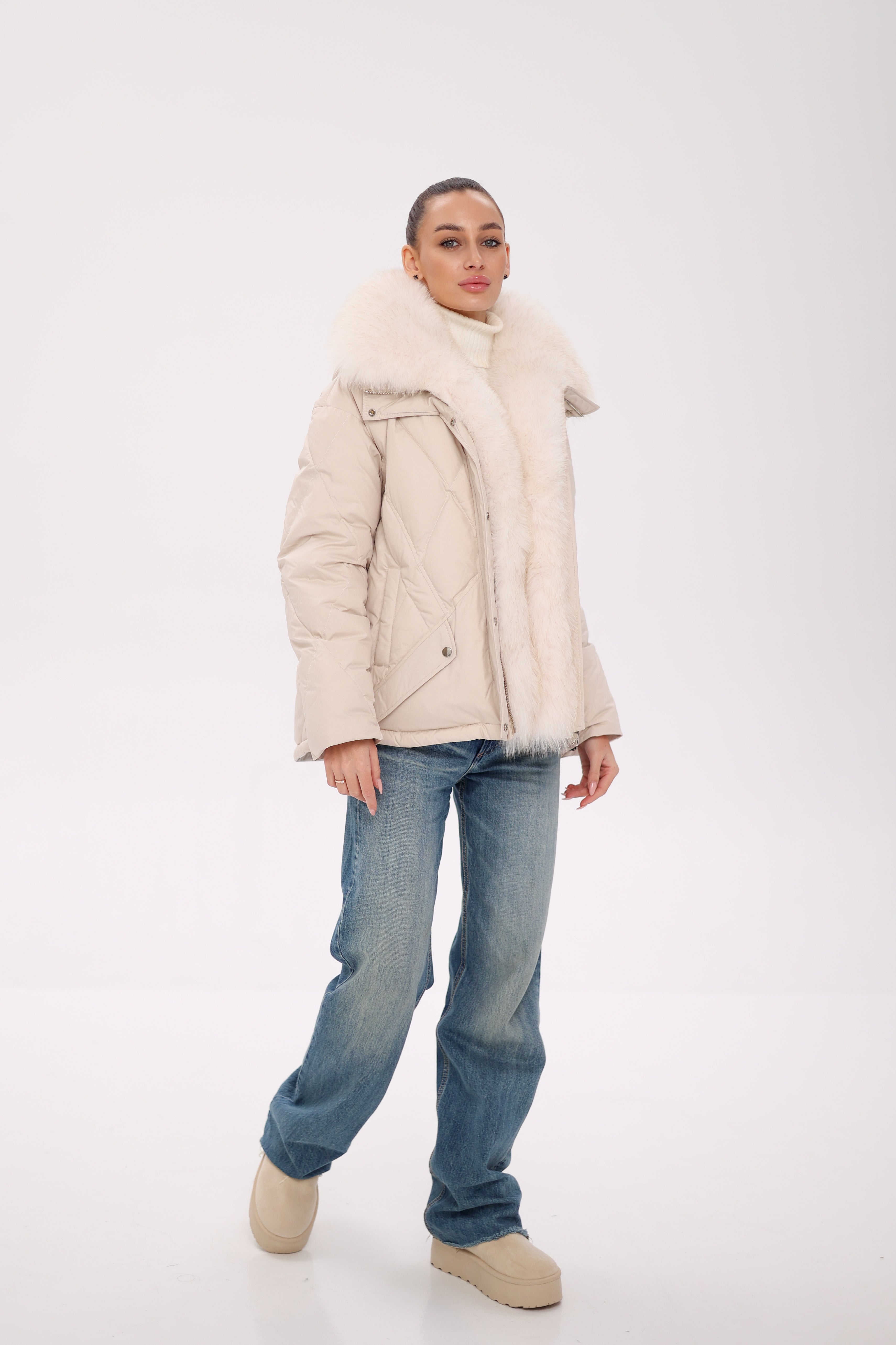 Genuine Polar Fox Fur Down Insulated Parka in Ivory
