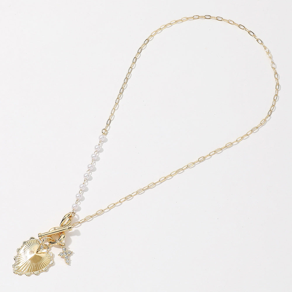SECRET BOX_14K Gold Dipped Heart Stone Paved Cross Charm Half Pearl Chain Toggle Necklace