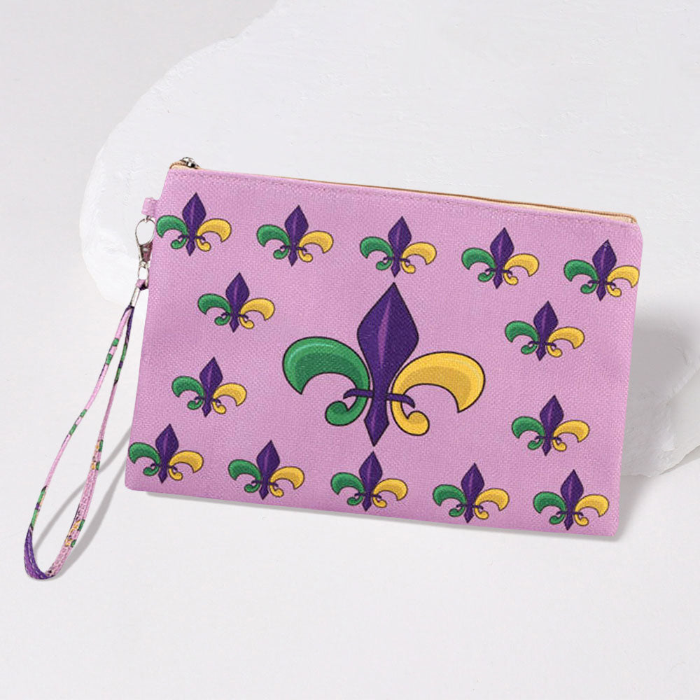 Mardi Gras Fleur de Lis Pattern Printed Pouch Bag / Clutch Bag with Wristlet