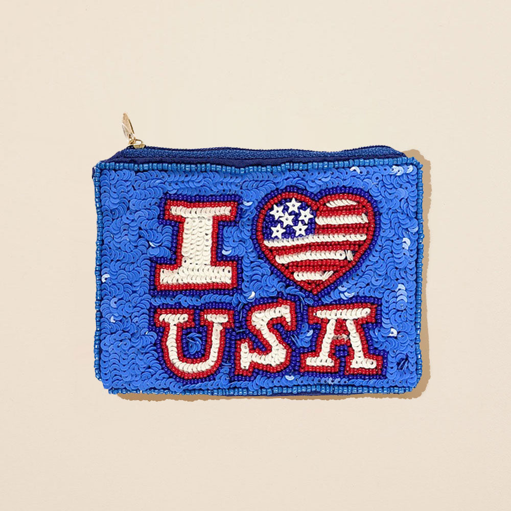 I LOVE USA Message Seed Beaded Mini Pouch Bag