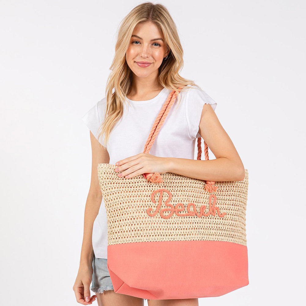 BEACH Message Embroidered Rope Handle Crochet Fabric Tote Beach Bag