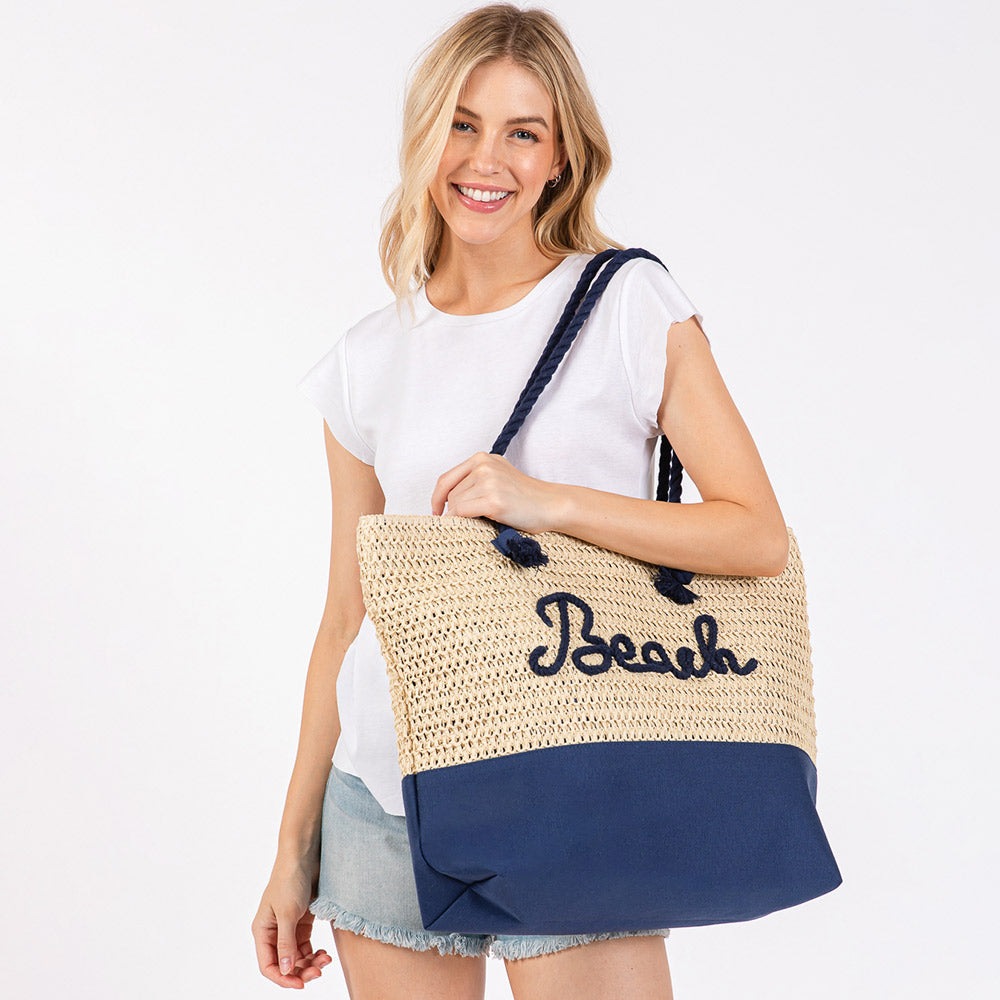 BEACH Message Embroidered Rope Handle Crochet Fabric Tote Beach Bag