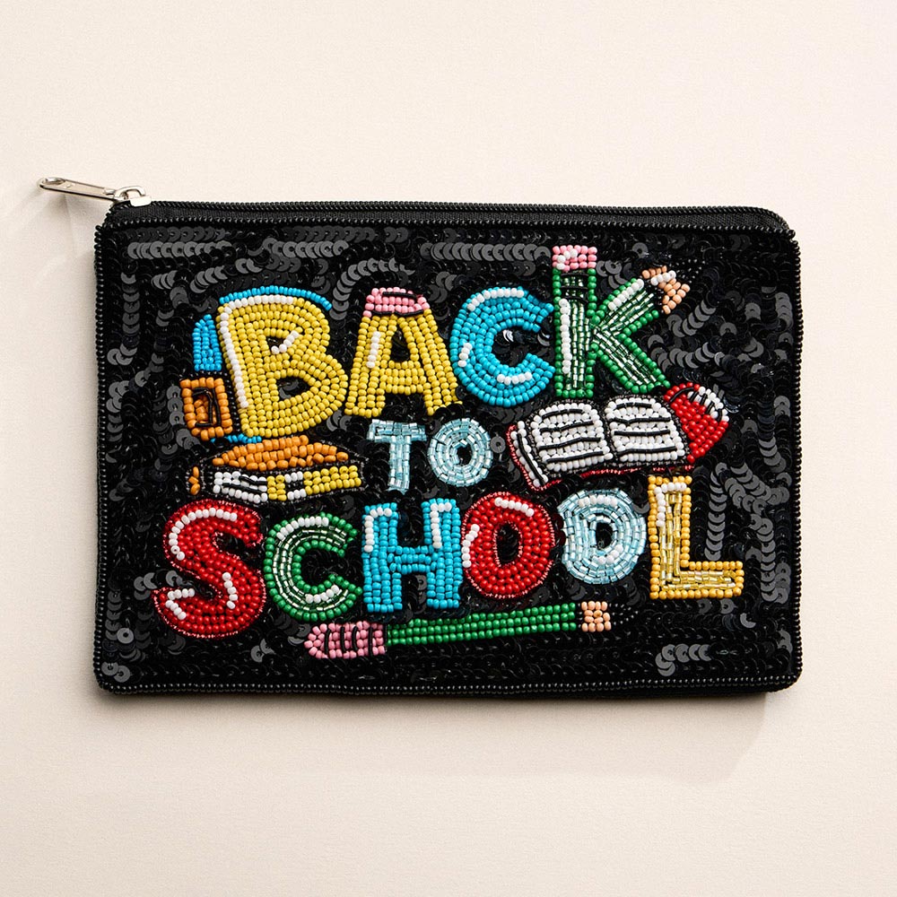 BACK TO SCHOOL Message Sequin Seed Beaded Mini Pouch Bag