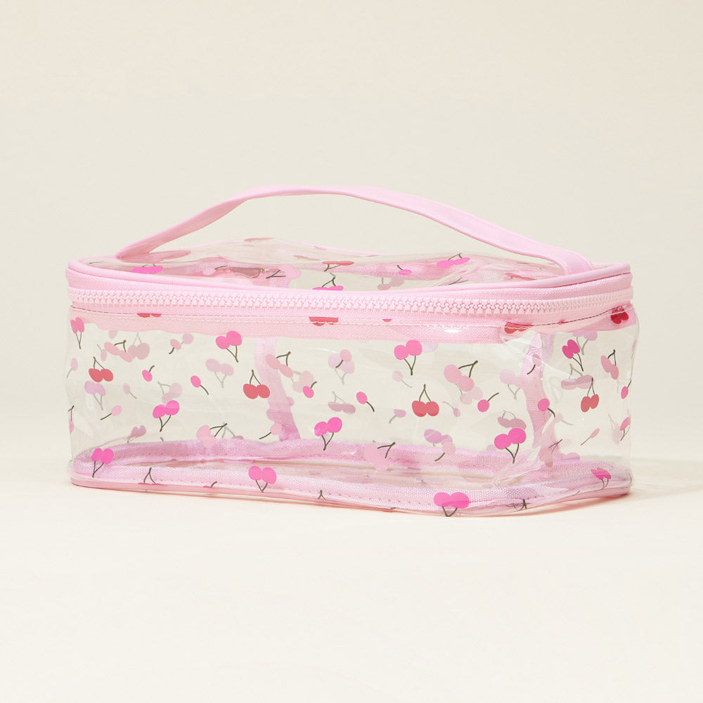 Top Handle Cherry Pattern Transparent Cosmetic Pouch Bag