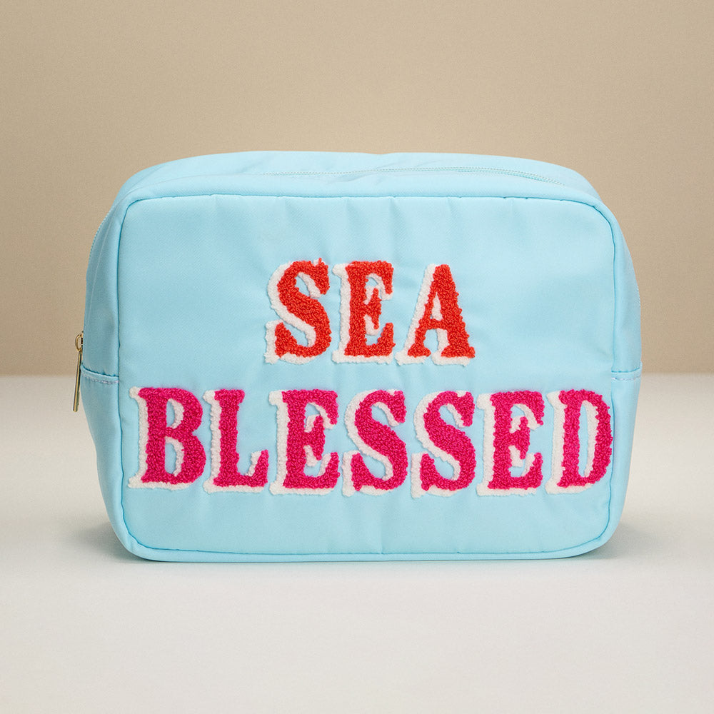 SEA BLESSED Message Patch Embroidered Pouch Bag / Organizer