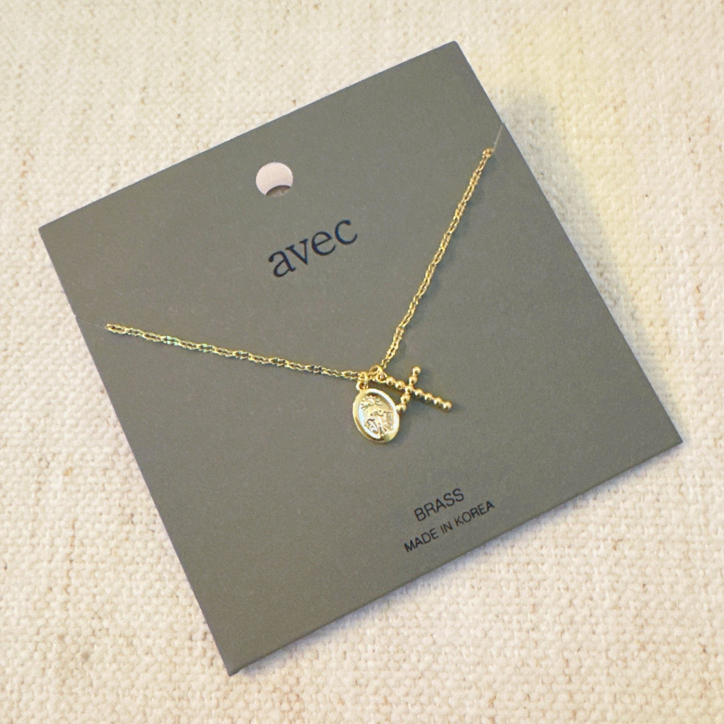 Faithful Duo Pendant Necklace – Gold-Tone Chain with Mini Cross and Saint Medallion Charms