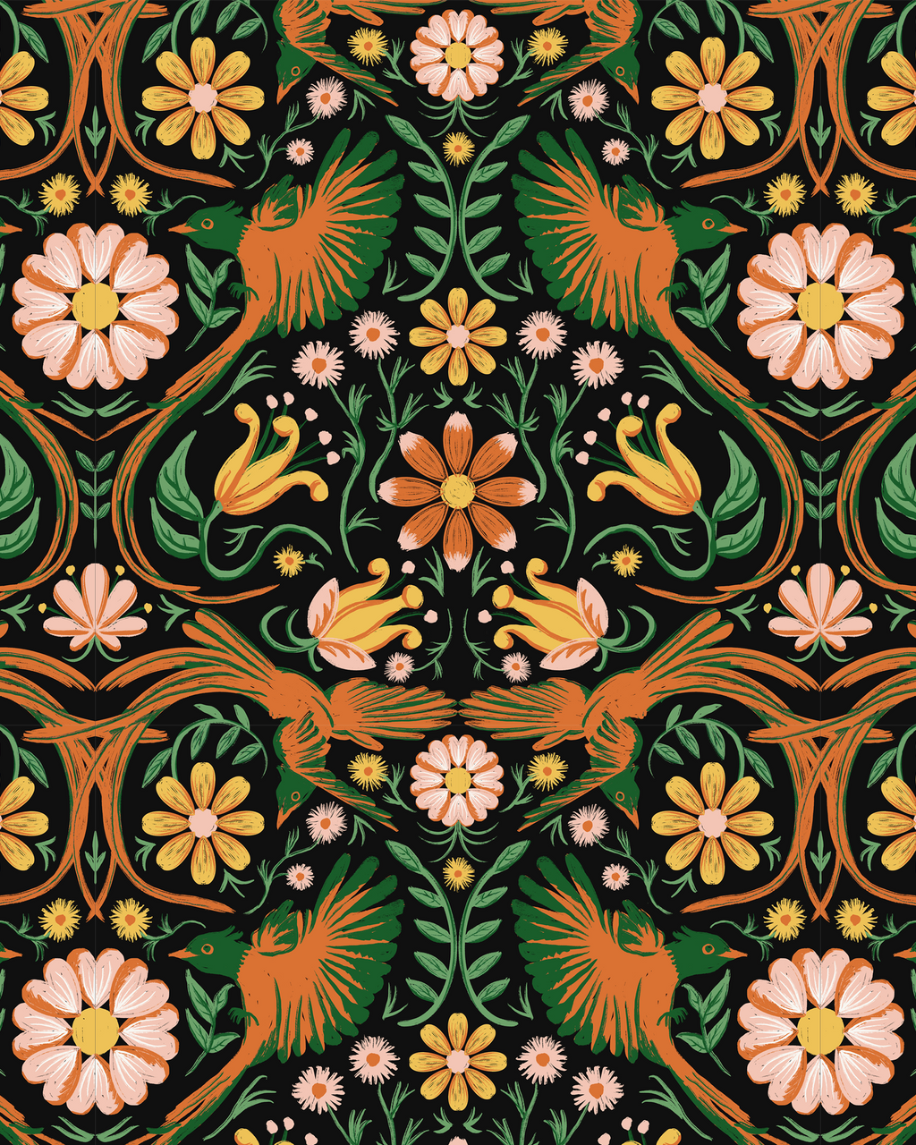 Folkie Birdie Wallpaper, black, orange and green