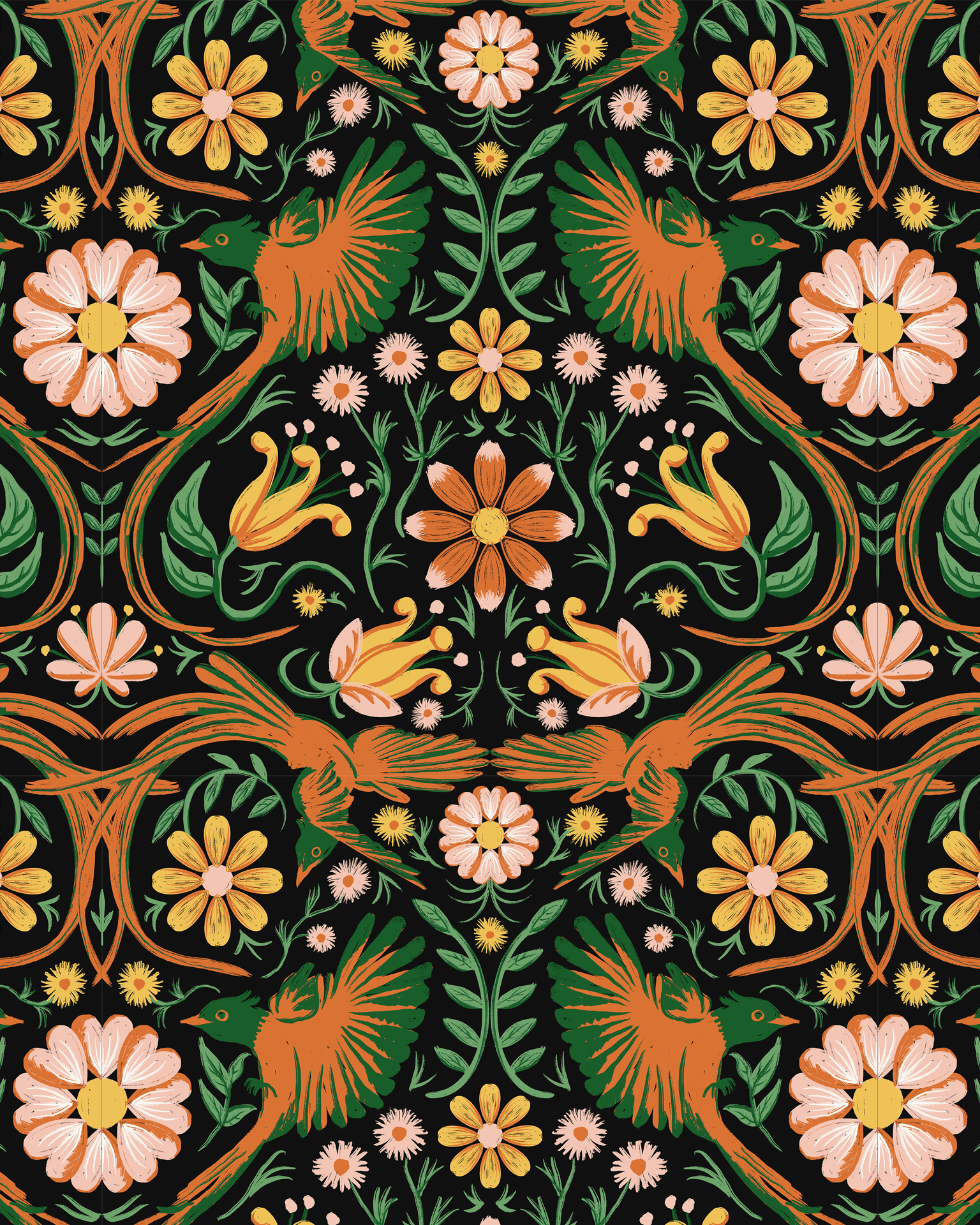 Folkie Birdie Wallpaper, black, orange and green