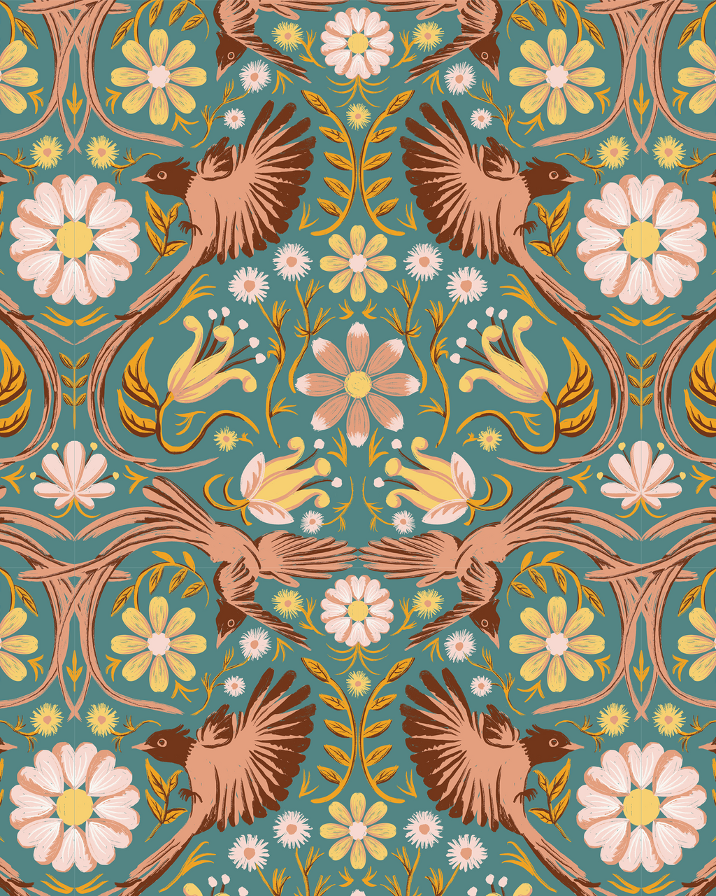 Folkie Birdie Wallpaper, dusty teal, peach and rust