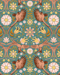 Folkie Birdie Wallpaper, dusty teal, peach and rust