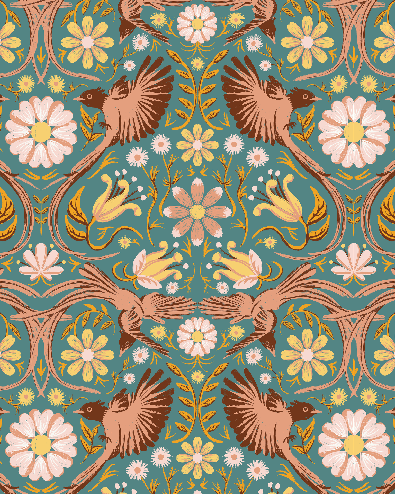 Folkie Birdie Wallpaper, dusty teal, peach and rust