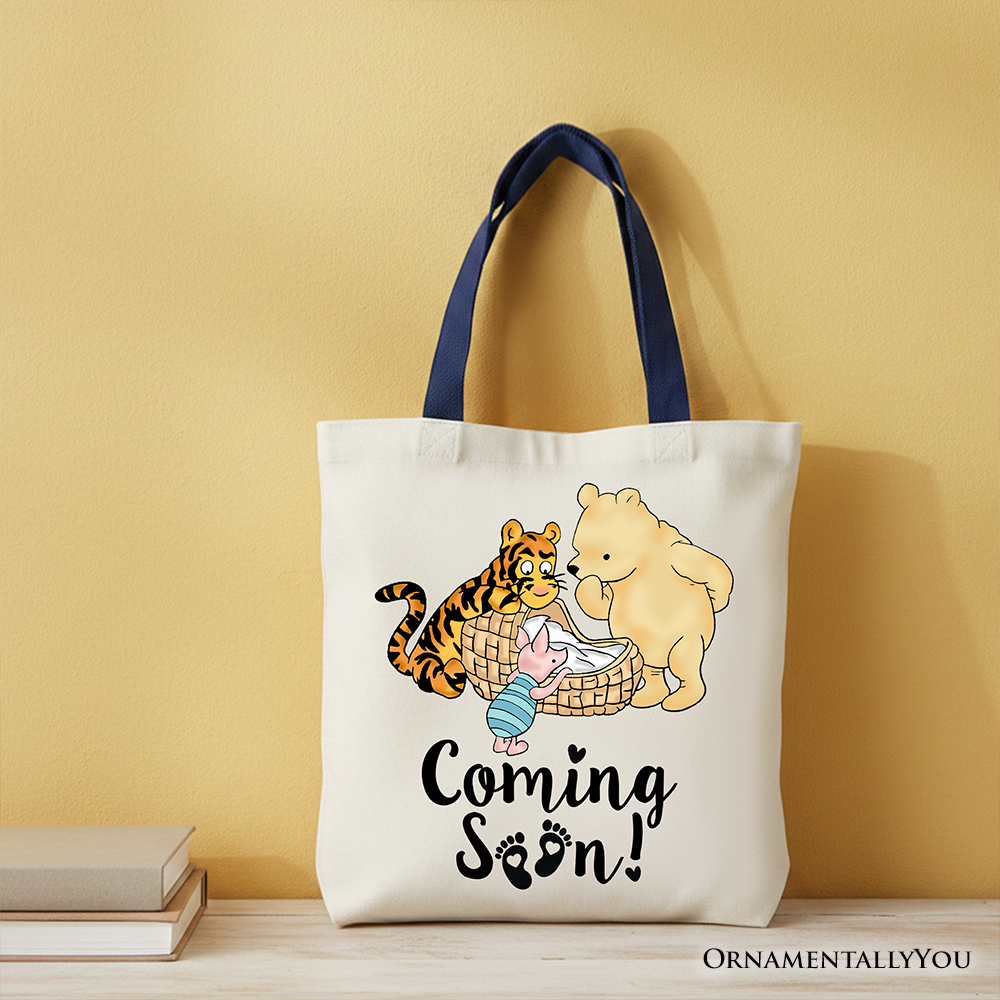 Pregnancy Announcement With Pooh & Tiger Tote Bag, Coming Soon Gift Shopper for Expecting Moms