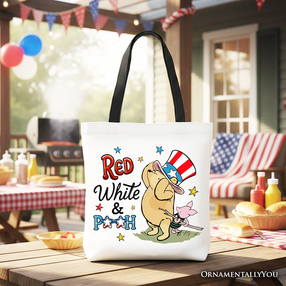 Red White & Proud Tote Bag, Patriotic 4th of July Celebration Pooh Bear Gift Shopper
