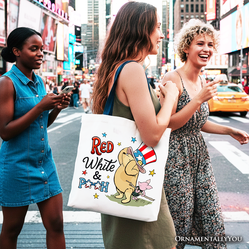 Red White & Proud Tote Bag, Patriotic 4th of July Celebration Pooh Bear Gift Shopper