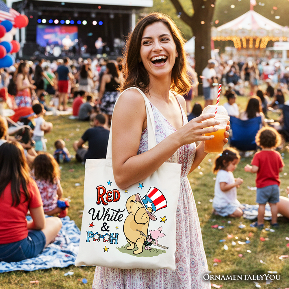 Red White & Proud Tote Bag, Patriotic 4th of July Celebration Pooh Bear Gift Shopper