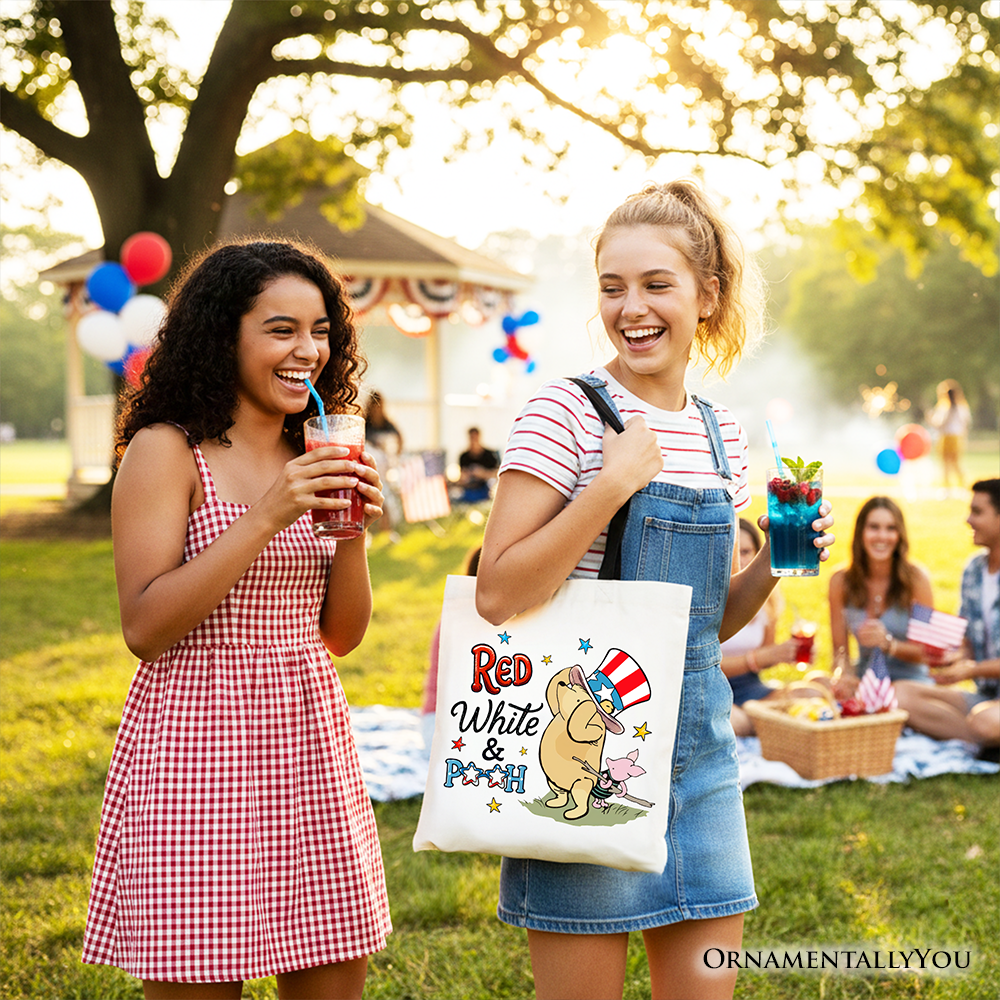 Red White & Proud Tote Bag, Patriotic 4th of July Celebration Pooh Bear Gift Shopper