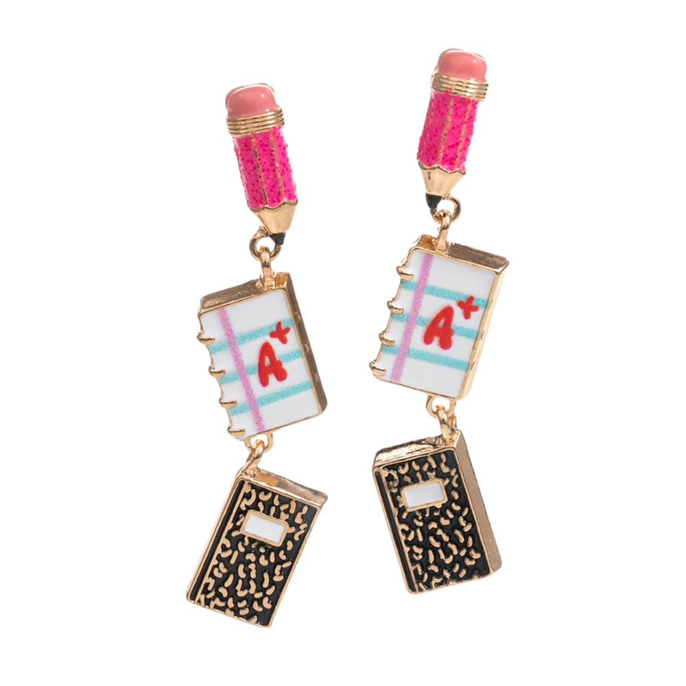 Enamel Pencil Notebook Link Dropdown Earrings