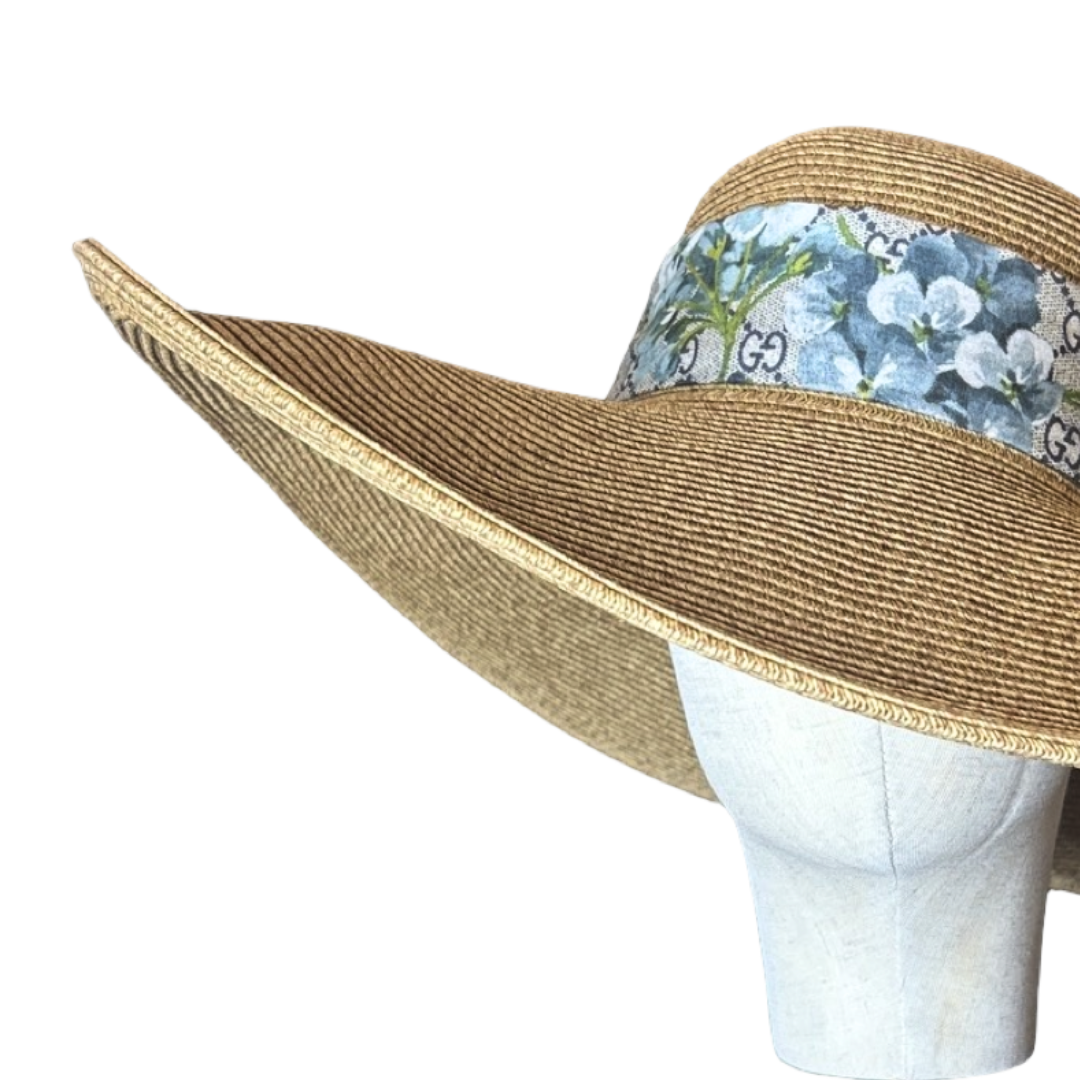GG Logo Blooms Blue Perfect Straw Sun Hat
