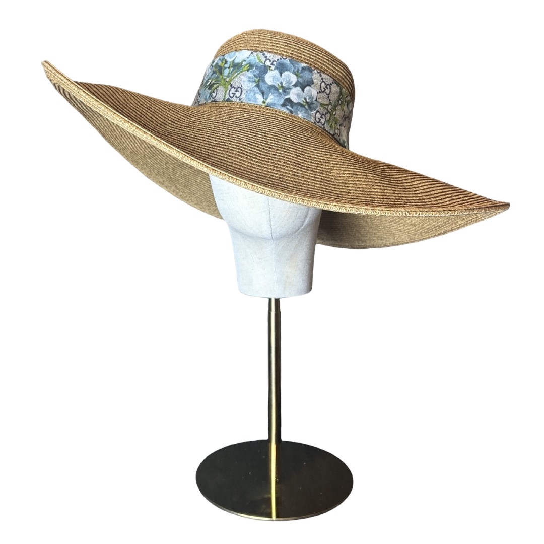 GG Logo Blooms Blue Perfect Straw Sun Hat