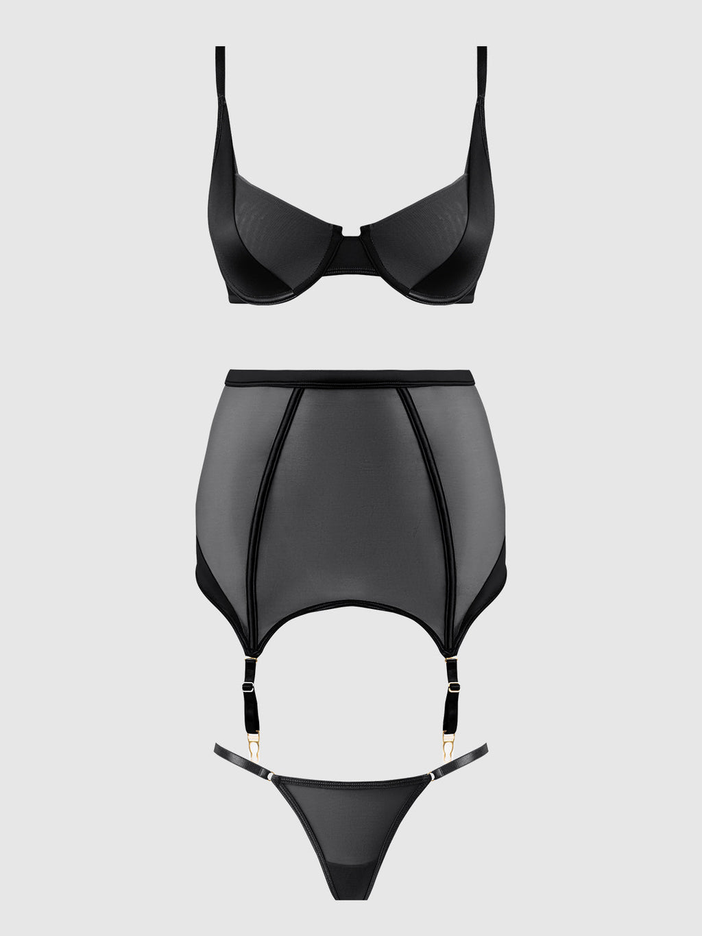 RAQUEL MESH & SILKY MICRO BRA, GARTER SKIRT & G-STRING SET
