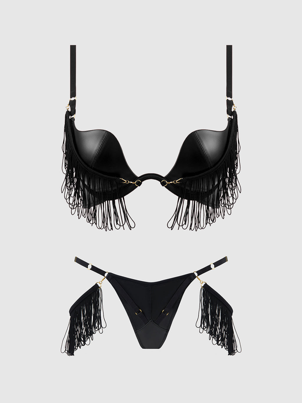 PHOENIX FAUX LEATHER & FRINGE PUSH UP BRA & THONG SET