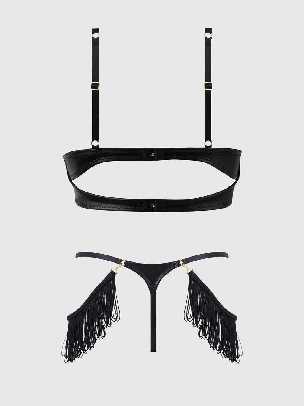 PHOENIX FAUX LEATHER & FRINGE PUSH UP BRA & THONG SET