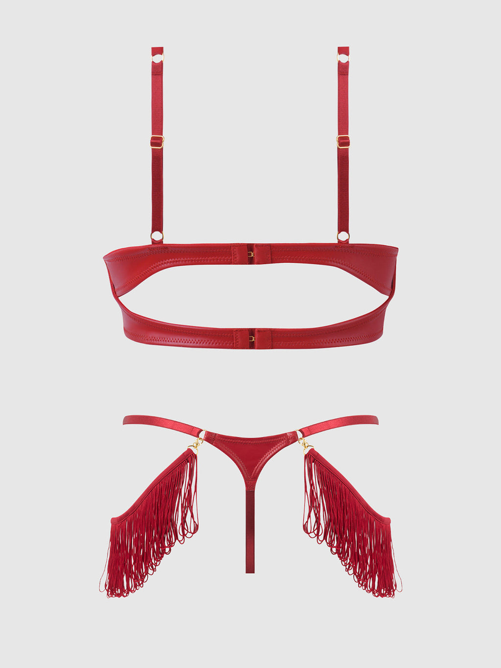 PHOENIX FAUX LEATHER & FRINGE PUSH UP BRA & THONG SET