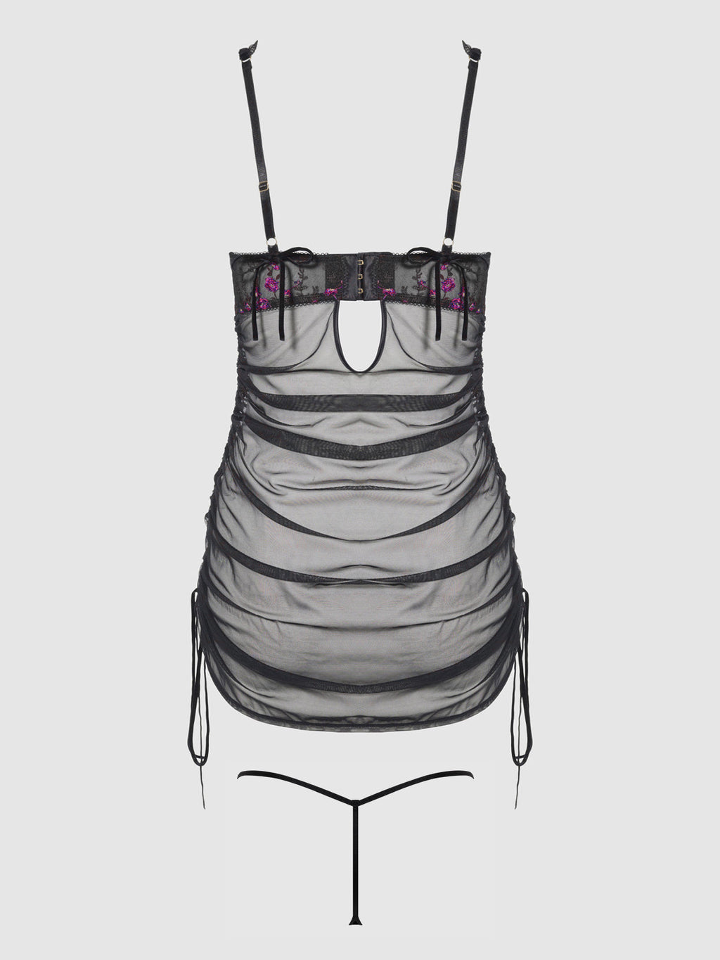 HARPER EMBROIDERED MESH SIDE CINCH CHEMISE & G-STRING SET