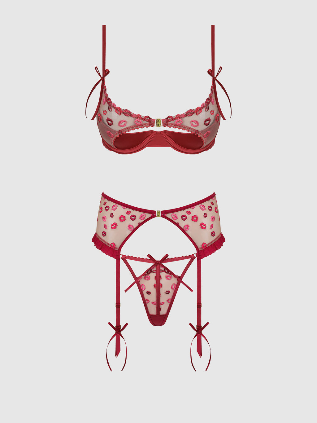 ANGELINA LIPS EMBROIDERY OPEN CUP BRA, GARTER & BOW G-STRING SET