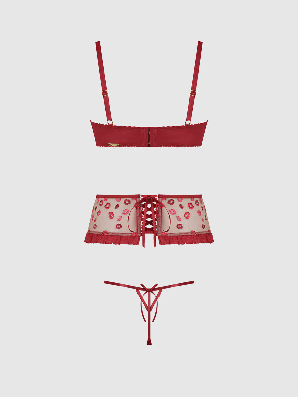 ANGELINA LIPS EMBROIDERY OPEN CUP BRA, GARTER & BOW G-STRING SET