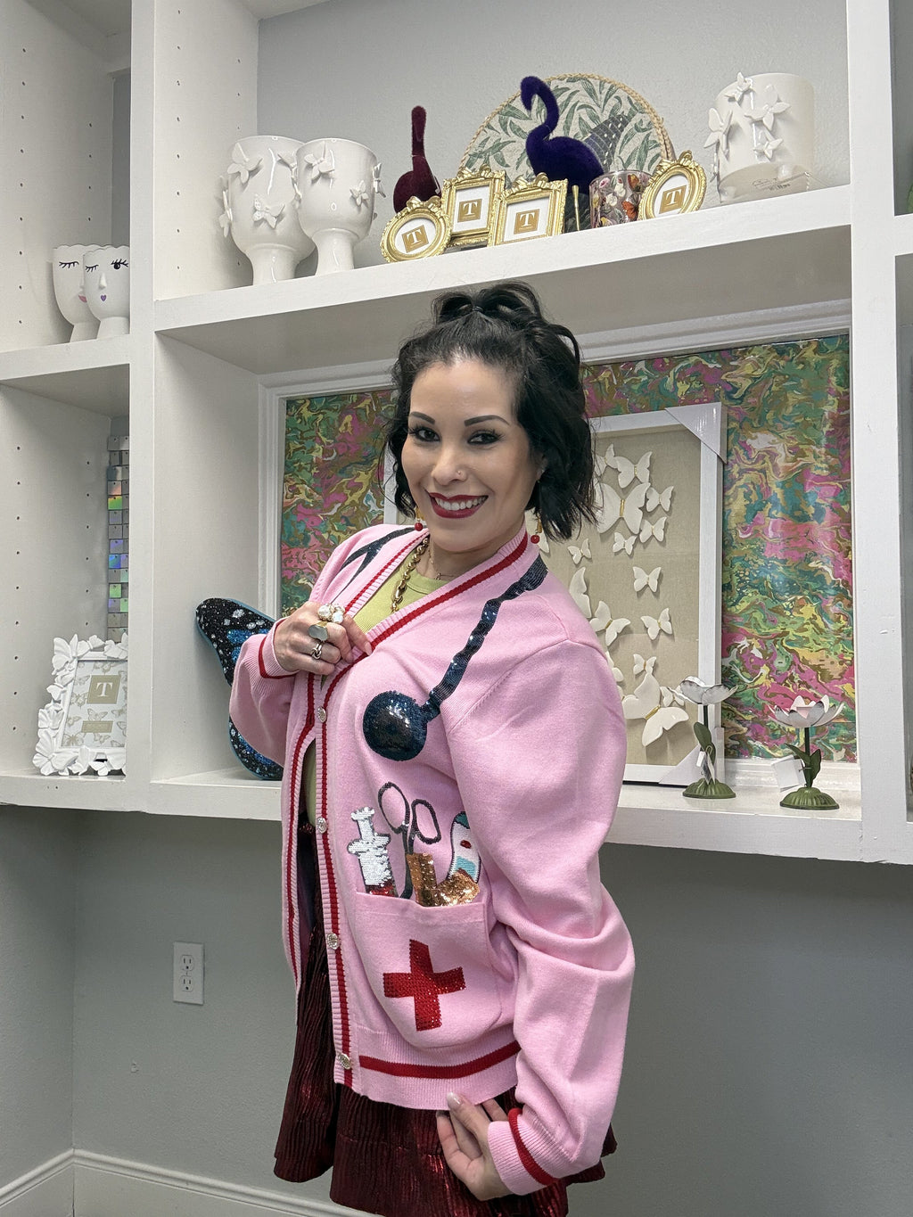 Queen of Sparkles Pink Medical Instrument Button Up Cardigan