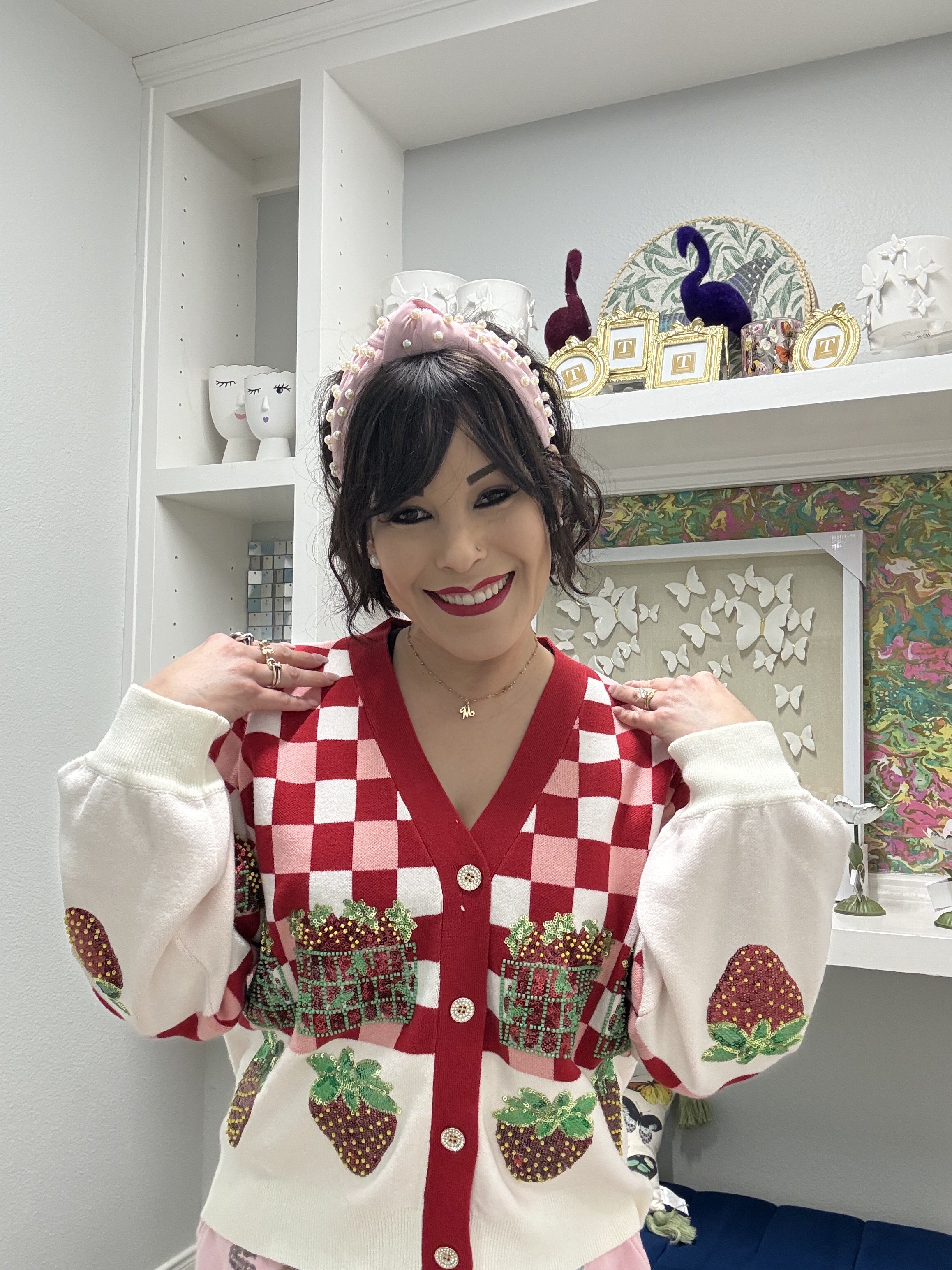 QOS Red & White Checkered Strawberry Button Up Cardigan