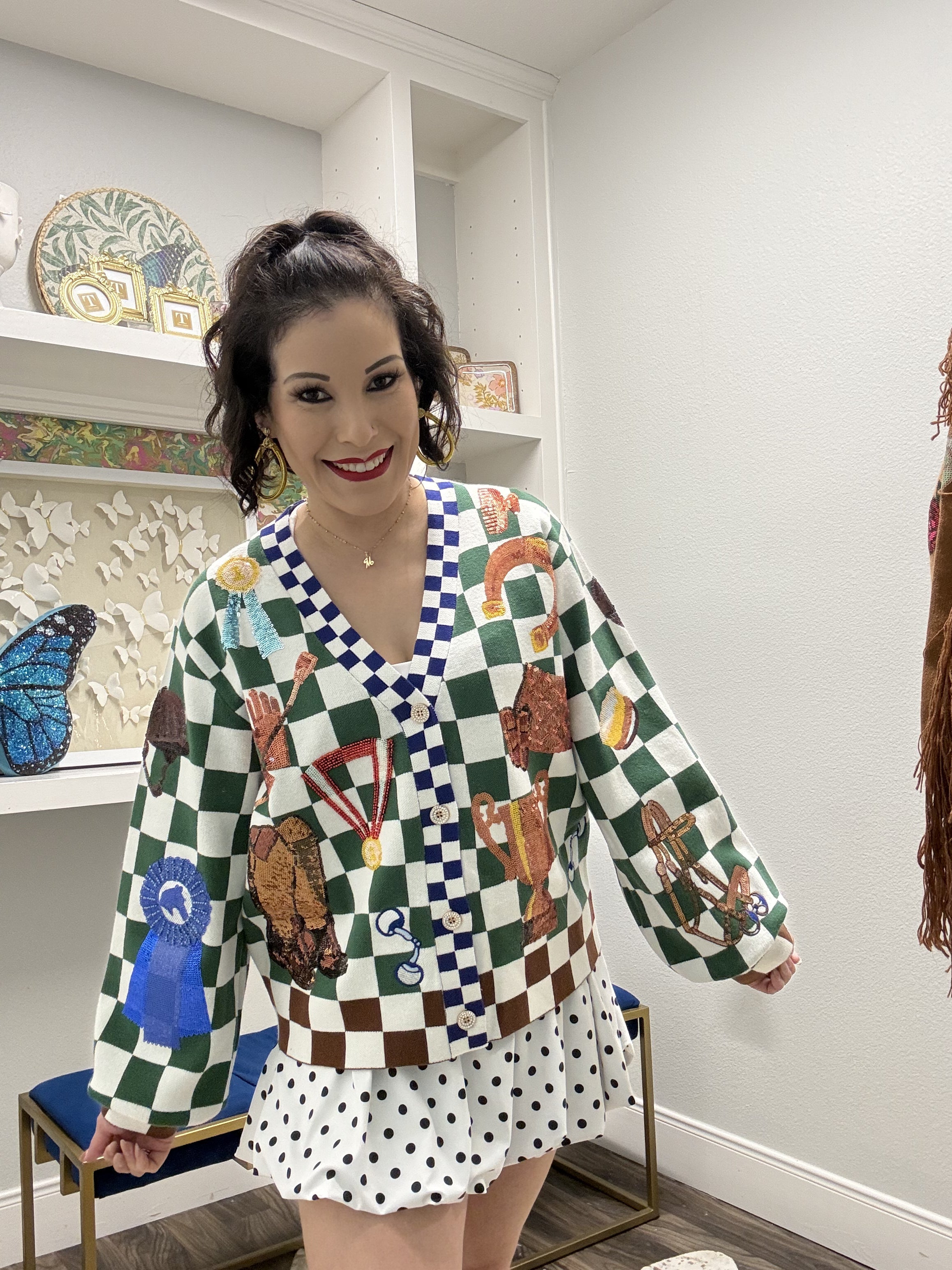 QOS Multi Checkered Derby Icon Button Up Cardigan