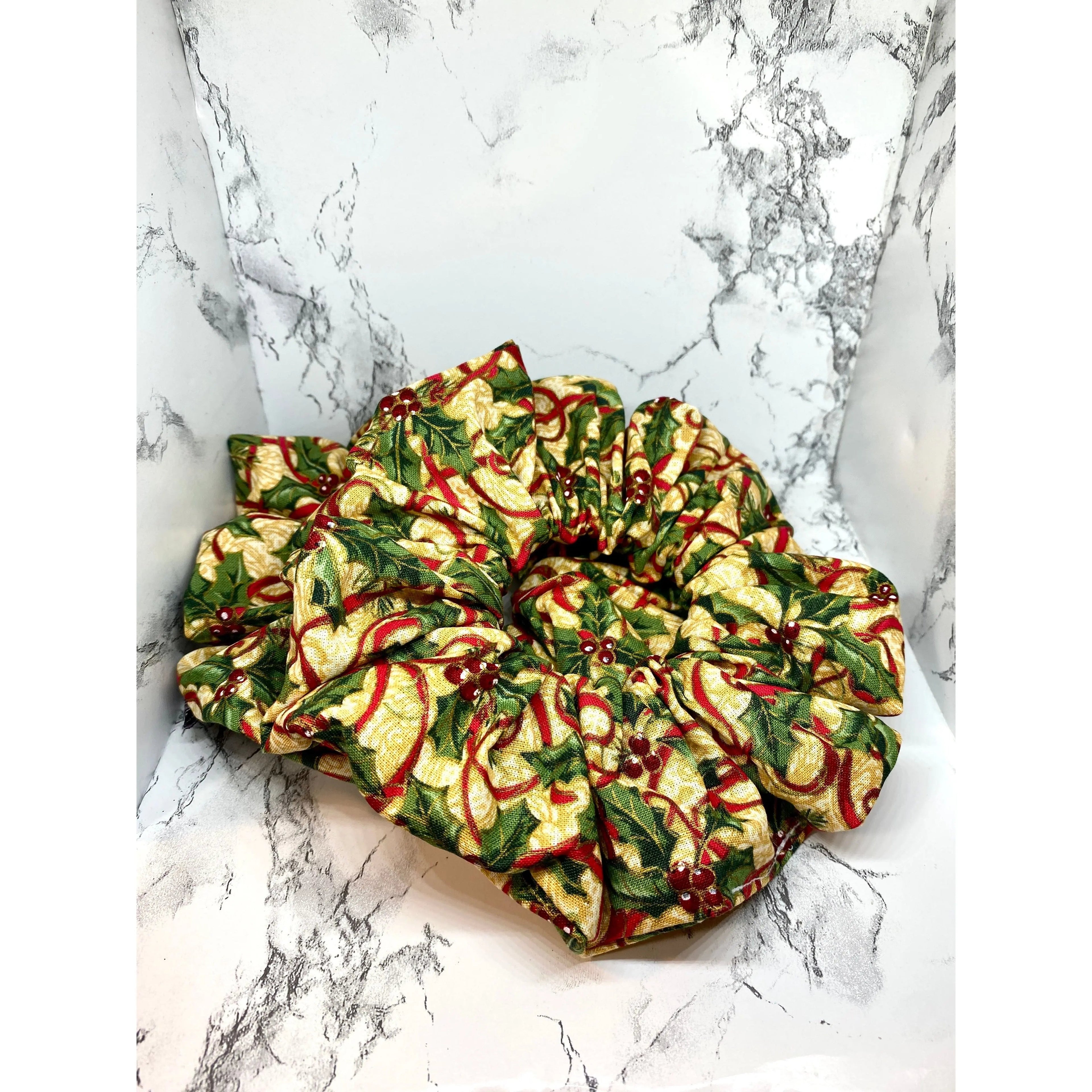 Gold Holly and Ribbon Christmas Scrunchie