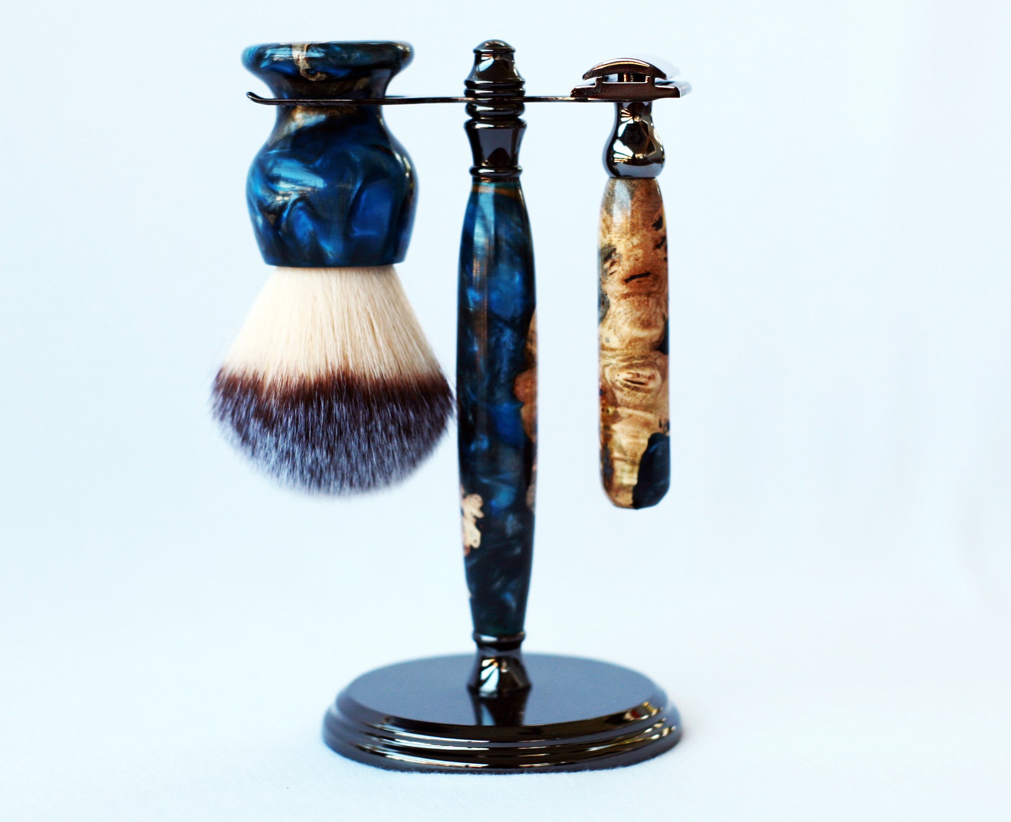 Buckeye Burl Shave Set – Handmade Safety Razor, 26mm Synthetic Shaving Brush & Stand – Blue Resin Wet Shaving Kit – Luxury Men’s Grooming Gift