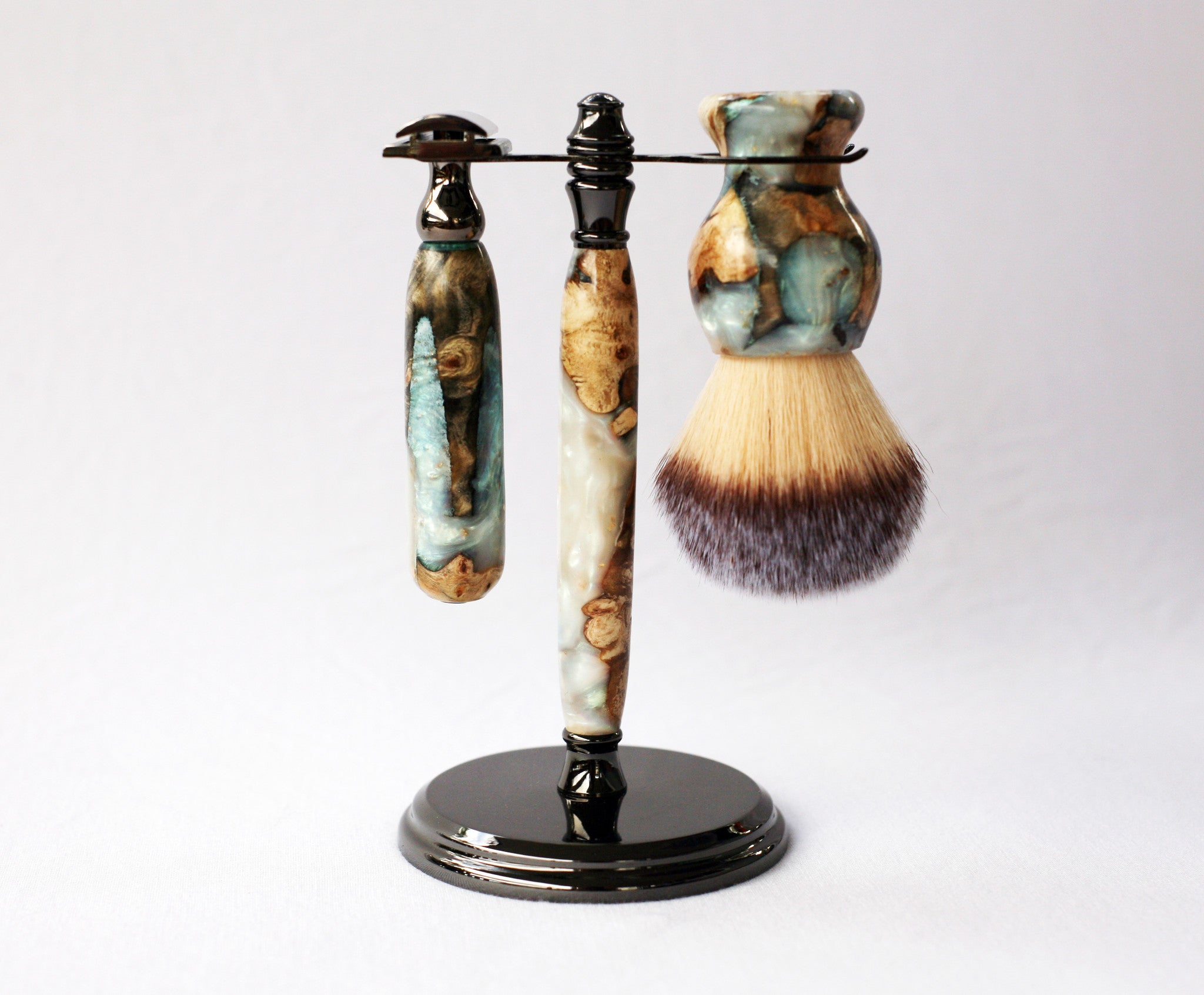 Buckeye Burl Wood Hand Crafted Shave Set with 'Travel to Jupiter'( pearl)Resin safety razor, 26mm lather brush and a matching shave stand.