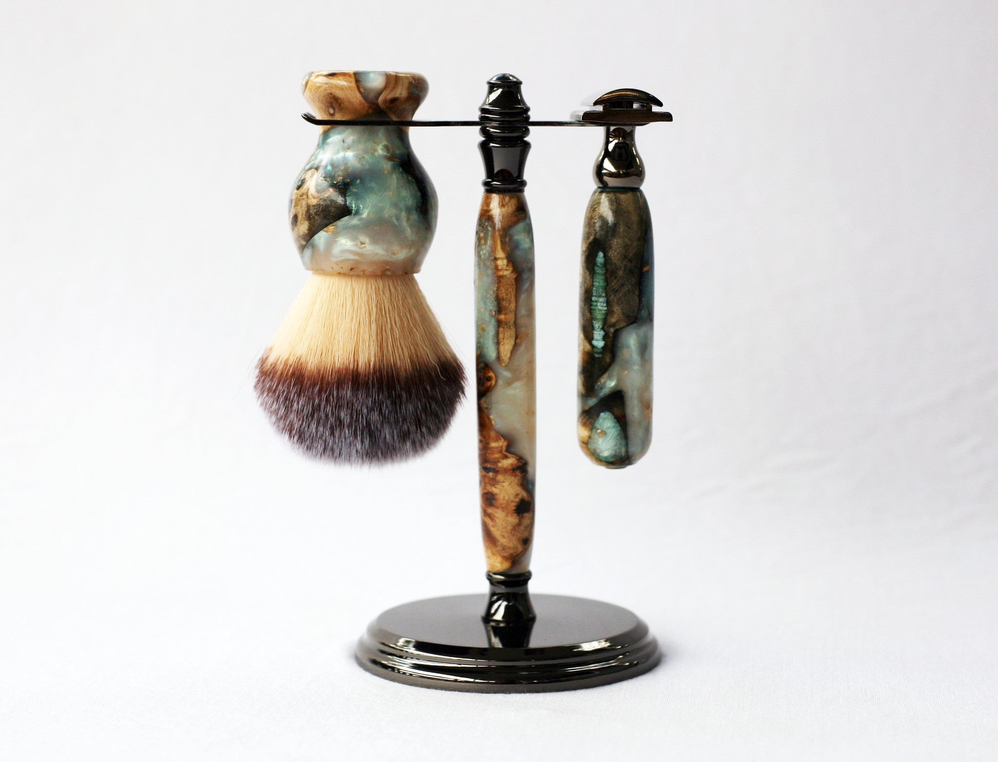 Buckeye Burl Wood Hand Crafted Shave Set with 'Travel to Jupiter'( pearl)Resin safety razor, 26mm lather brush and a matching shave stand.