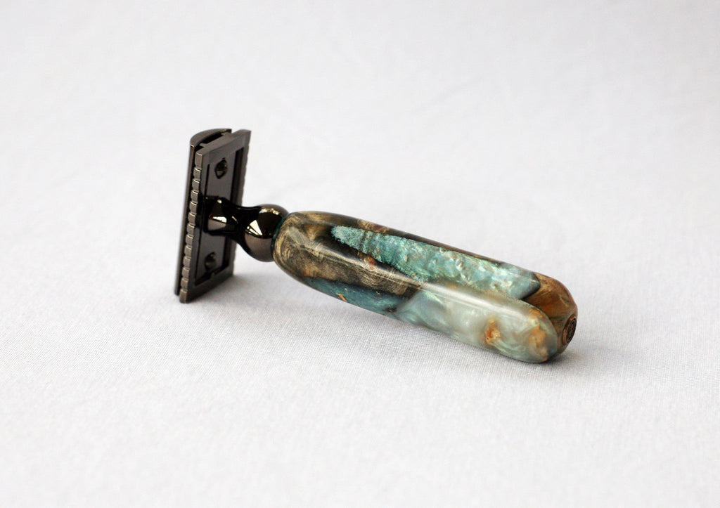 Buckeye Burl Wood Hand Crafted Shave Set with 'Travel to Jupiter'( pearl)Resin safety razor, 26mm lather brush and a matching shave stand.