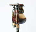 Buckeye Burl Wood Hand Crafted Shave Set with 'Chameleon' Resin safety razor, 26mm lather brush and a matching shave stand.